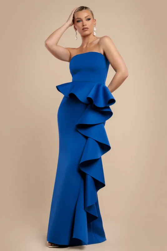 Boobtube Peplum Waterfall Frill Maxi Dress - Royal Blue by Goddiva sold by Goddiva