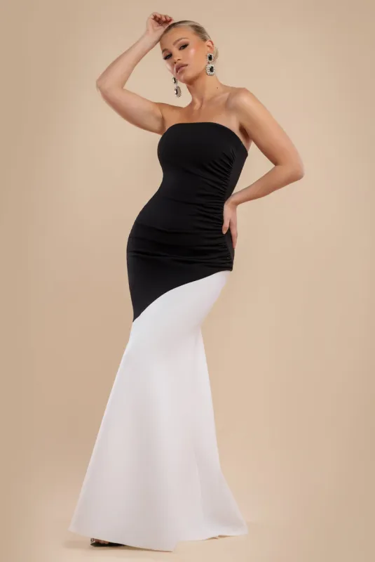 Sleeveless Mermaid Hem Monochrome Contrast Maxi Dress- Black Cream by Goddiva sold by Goddiva
