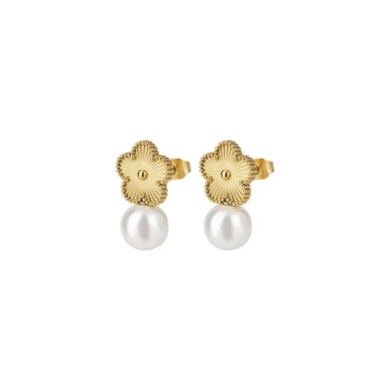 Etched Flower Stud In Gold With Faux Pearl Drop by Last True Angel sold by Goddiva