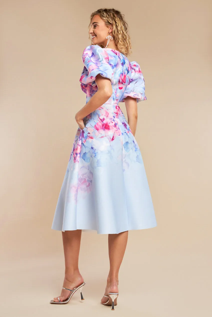 Printed Scuba Square Neck Puff Sleeve Midi Dress - Blue by Goddiva sold by Goddiva product image thumbnail 2