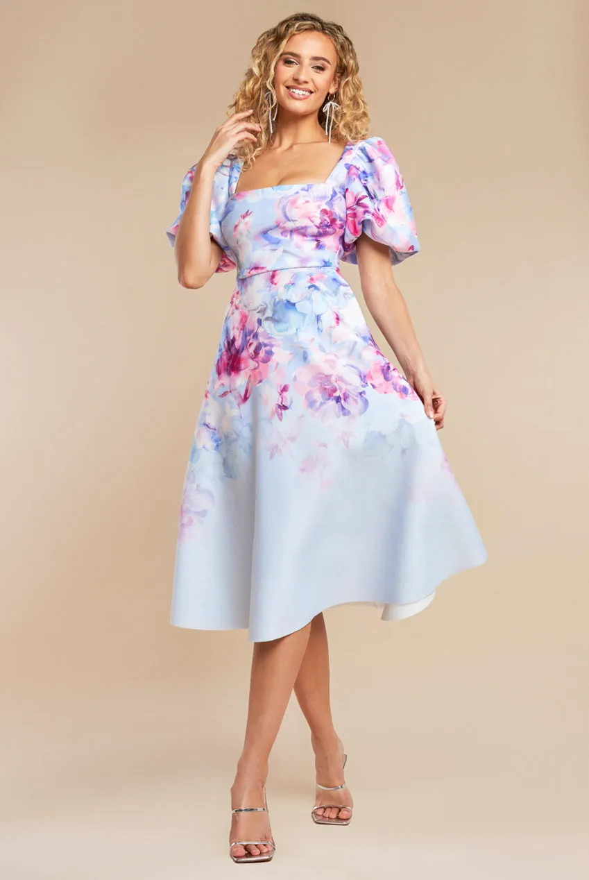 Printed Scuba Square Neck Puff Sleeve Midi Dress - Blue by Goddiva sold by Goddiva