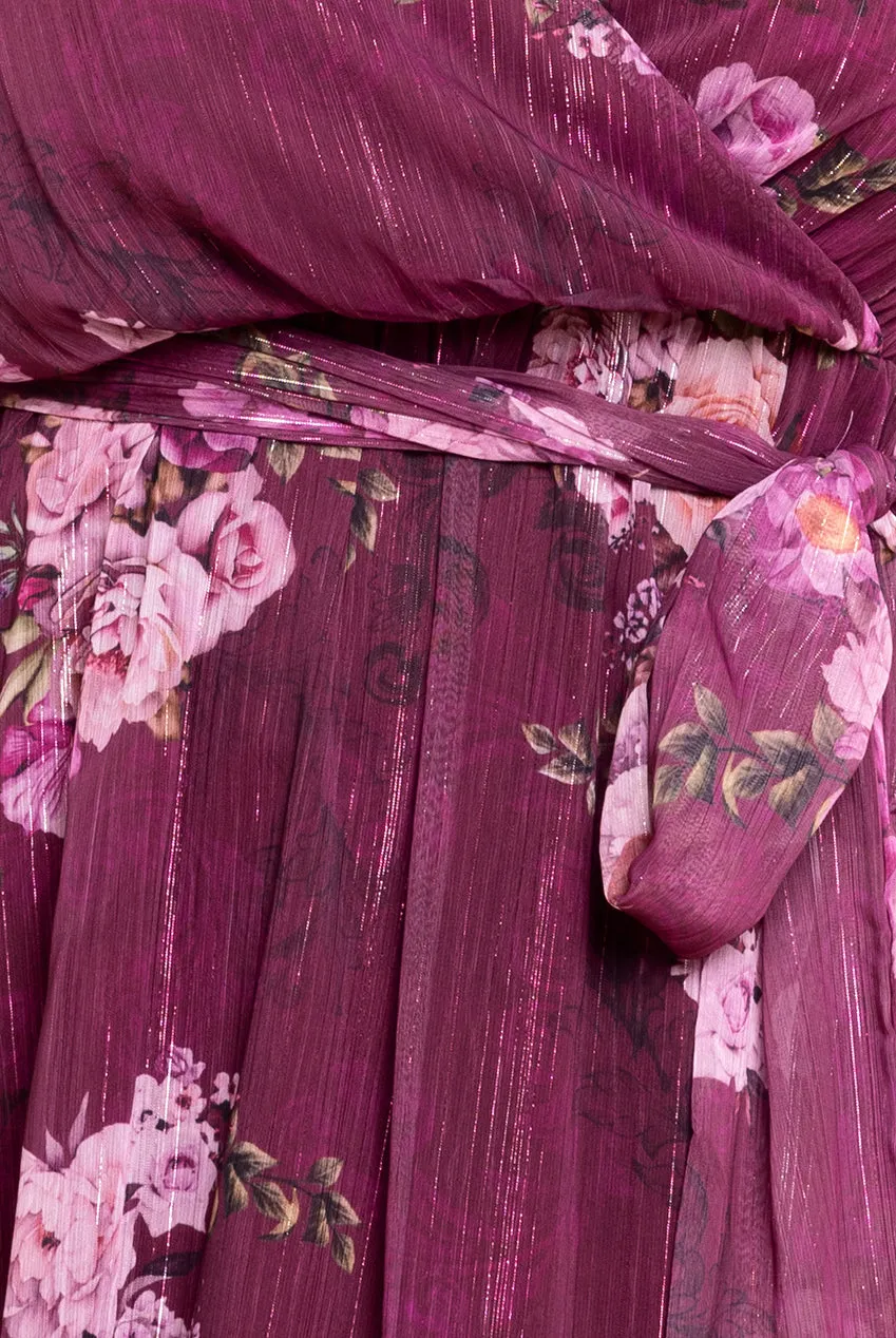 Floral Print Wrap Chiffon Midi Dress - Berry Floral by Goddiva Plus sold by Goddiva product image thumbnail 4