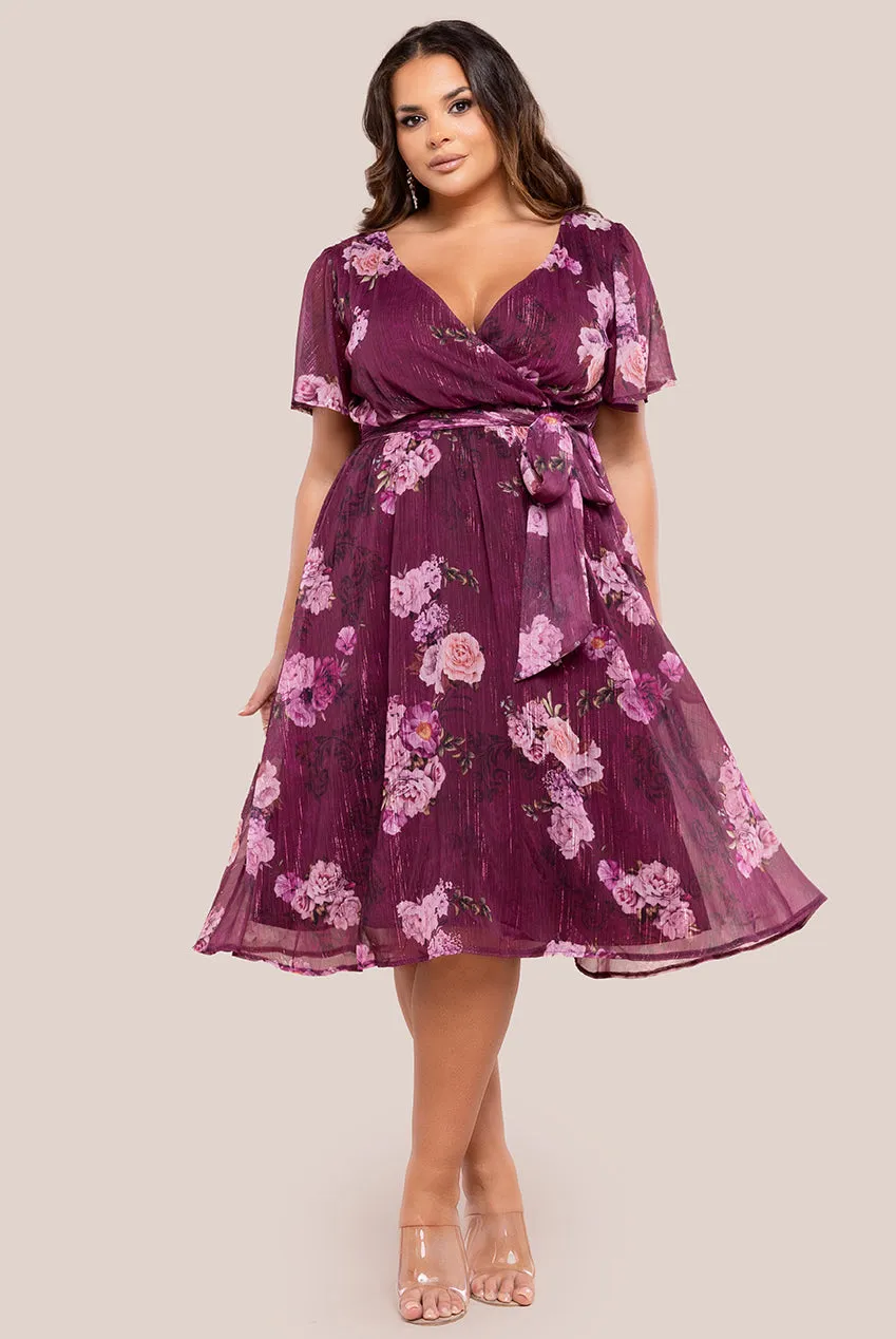 Floral Print Wrap Chiffon Midi Dress - Berry Floral by Goddiva Plus sold by Goddiva