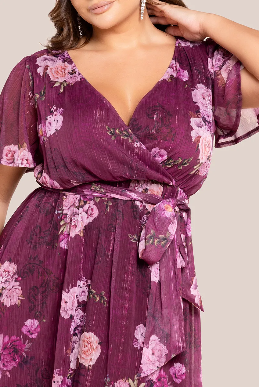 Floral Print Wrap Chiffon Midi Dress - Berry Floral by Goddiva Plus sold by Goddiva product image thumbnail 3