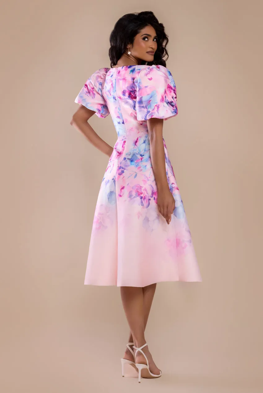 Printed Scuba Square Neck Puff Sleeve Midi Dress - Blush Pink by Goddiva sold by Goddiva product image thumbnail 2