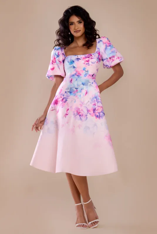 Printed Scuba Square Neck Puff Sleeve Midi Dress - Blush Pink by Goddiva sold by Goddiva