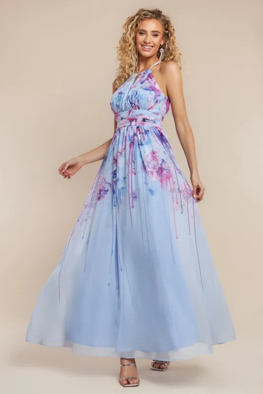 Floral Printed Chiffon Halter Maxi Dress - Blue by Goddiva sold by Goddiva