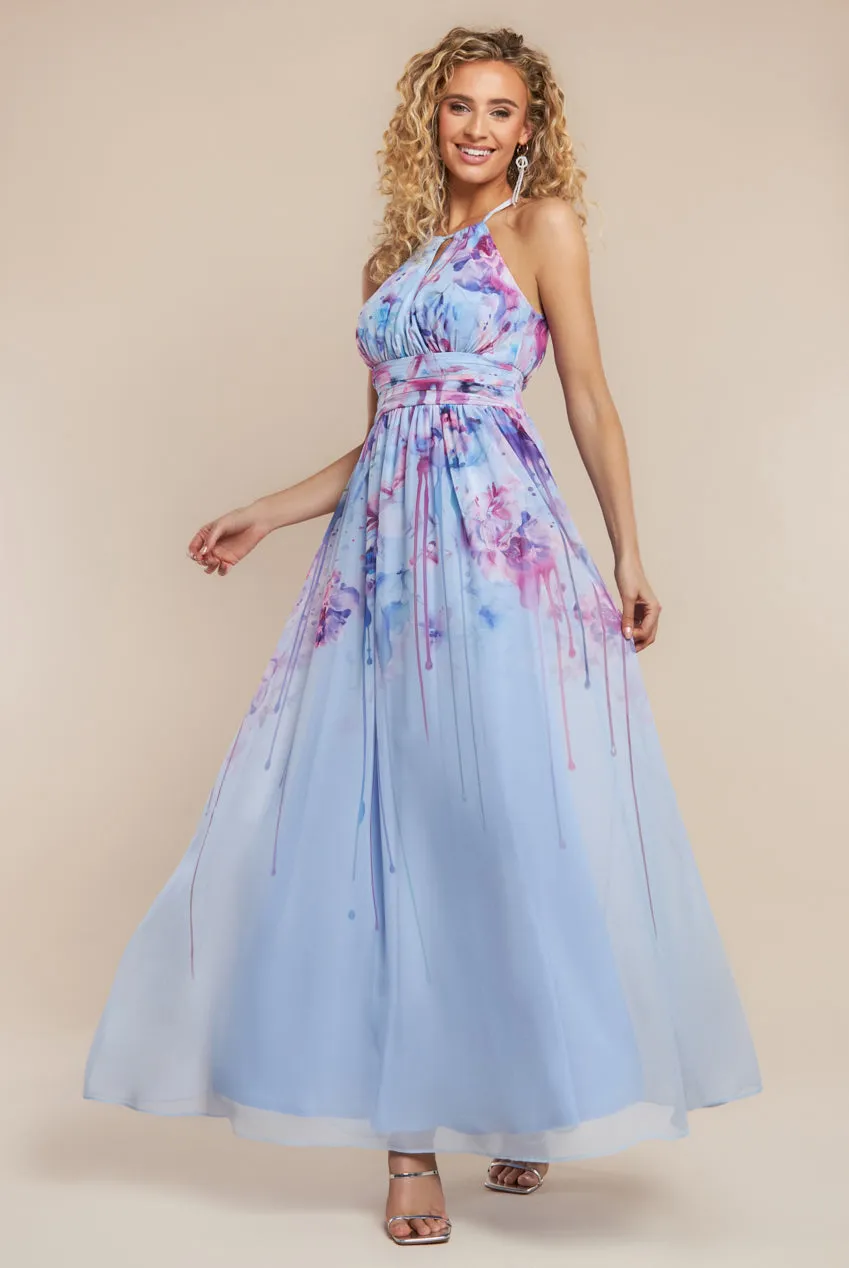 Floral Printed Chiffon Halter Maxi Dress - Blue by Goddiva sold by Goddiva