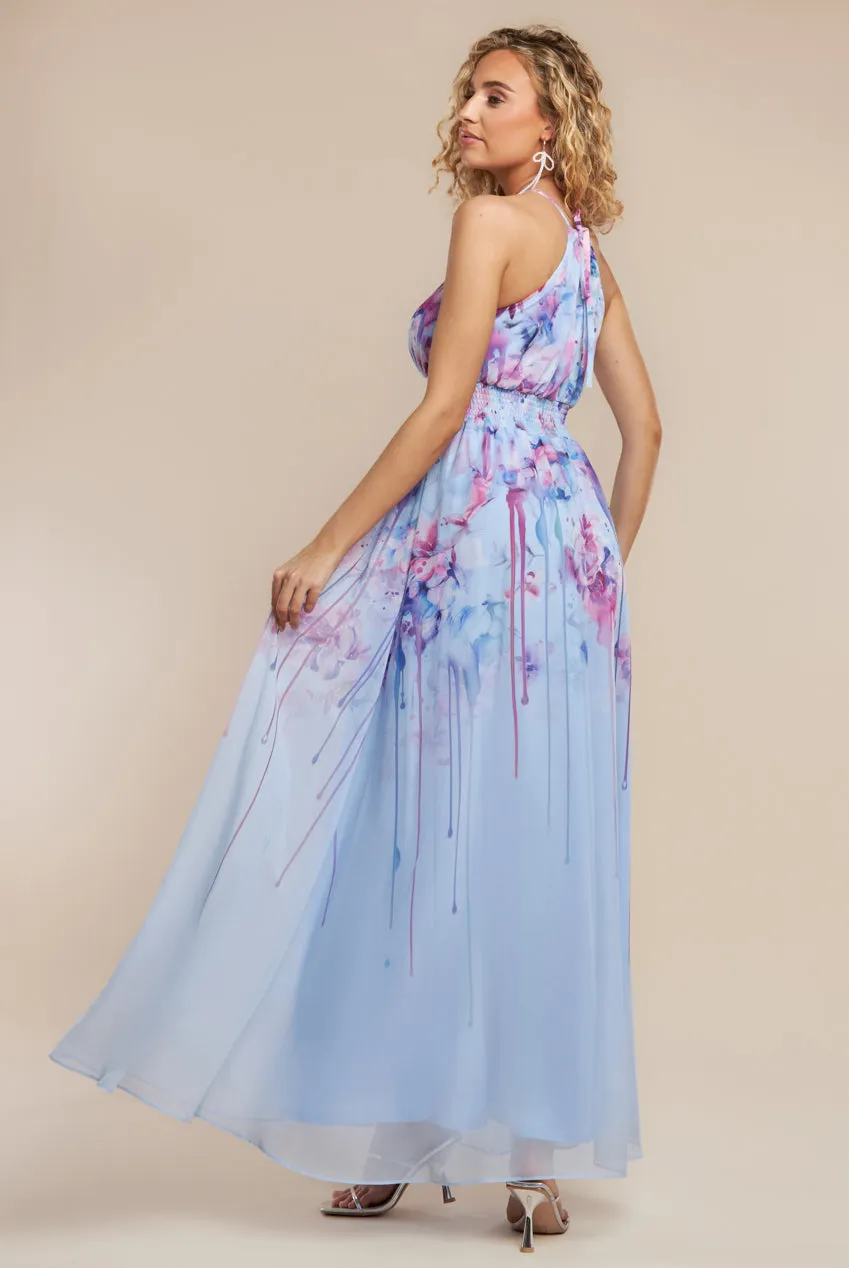 Floral Printed Chiffon Halter Maxi Dress - Blue by Goddiva sold by Goddiva product image thumbnail 2