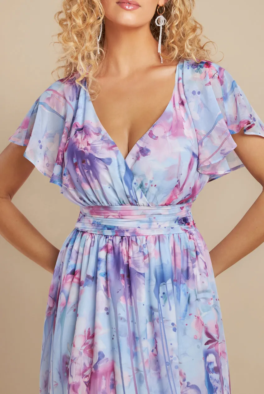 Printed Silky Chiffon Flutter Sleeve Maxi Dress - Blue by Goddiva sold by Goddiva product image thumbnail 3