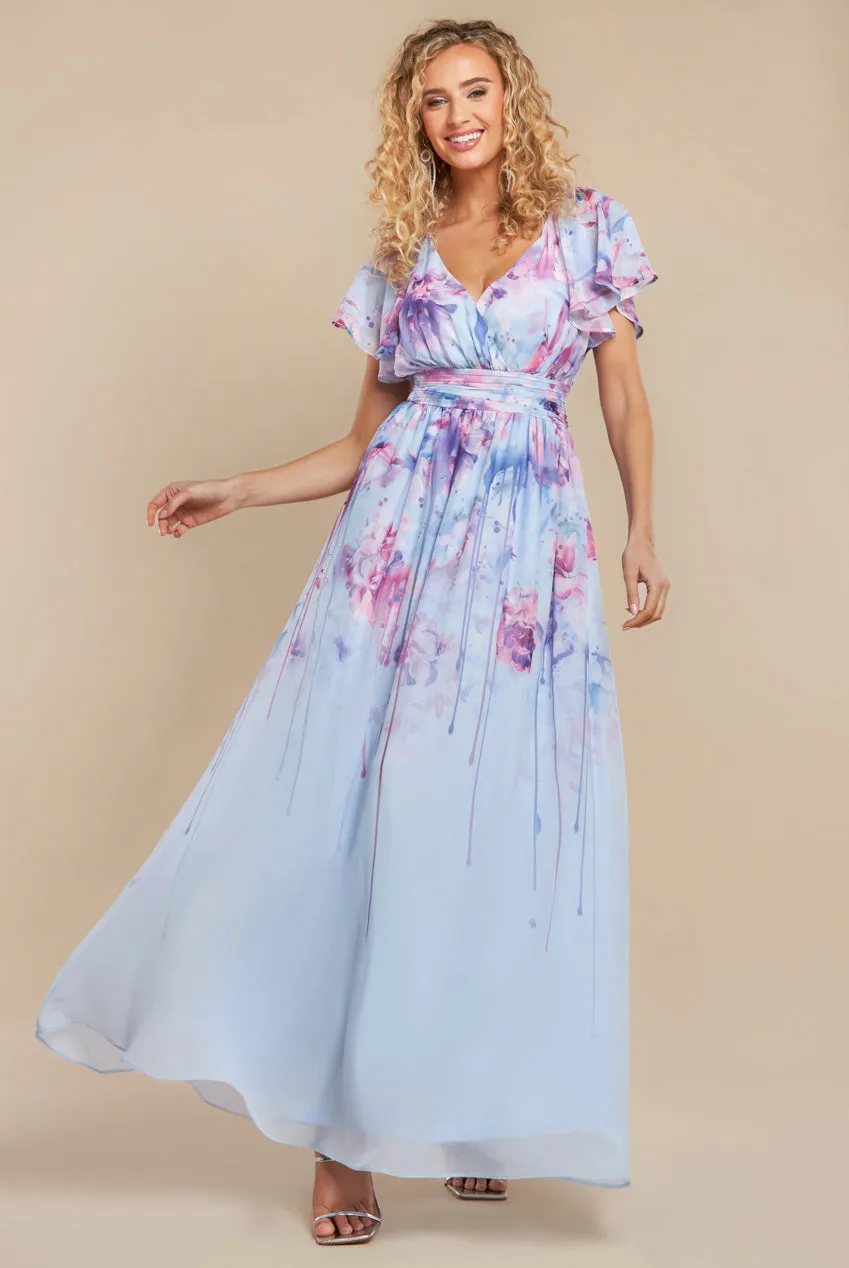 Printed Silky Chiffon Flutter Sleeve Maxi Dress - Blue by Goddiva sold by Goddiva