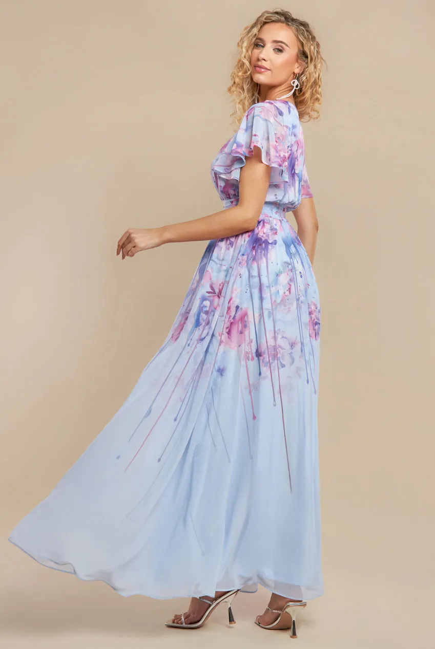 Printed Silky Chiffon Flutter Sleeve Maxi Dress - Blue by Goddiva sold by Goddiva product image thumbnail 2