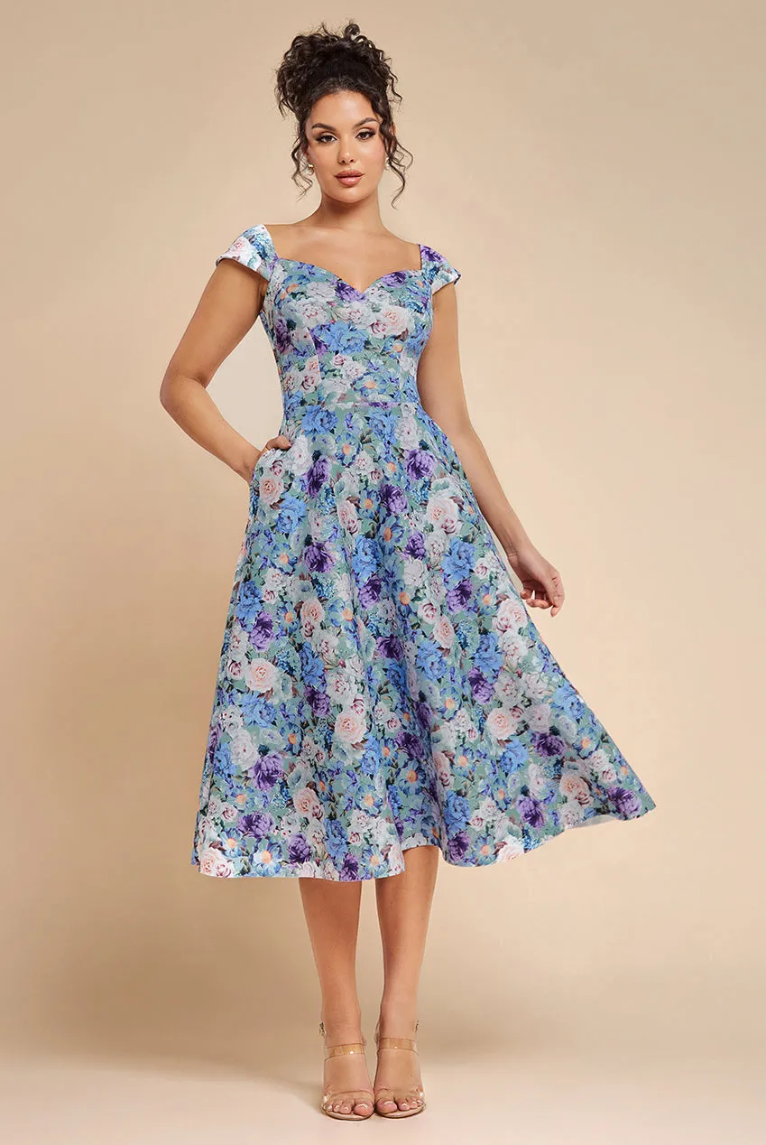 Floral Print A-Line Sweetheart Midi Dress - Sage Green by Goddiva sold by Goddiva
