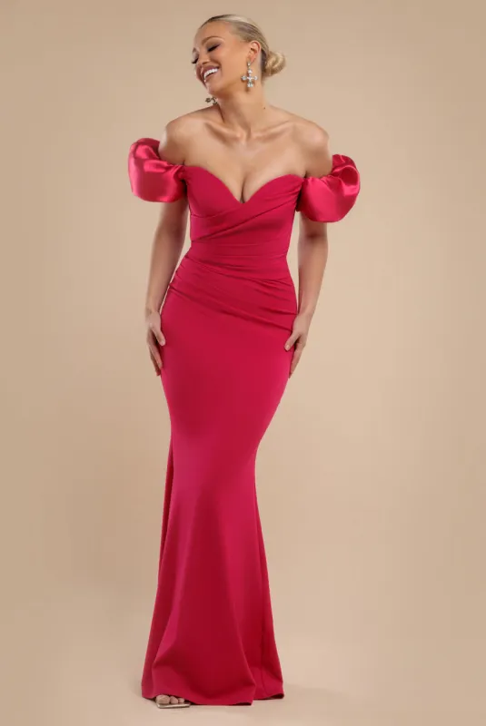Puffy Satin  Sleeve Scuba Maxi Dress - Magenta by Goddiva sold by Goddiva