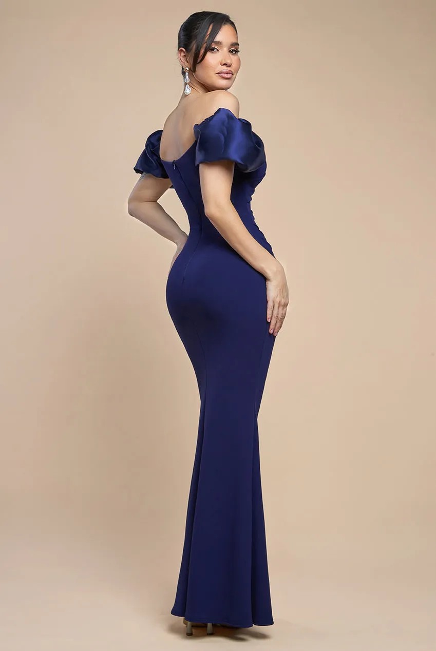 Puffy Satin Sleeve Scuba Maxi Dress - Navy Blue by Goddiva sold by Goddiva product image thumbnail 2