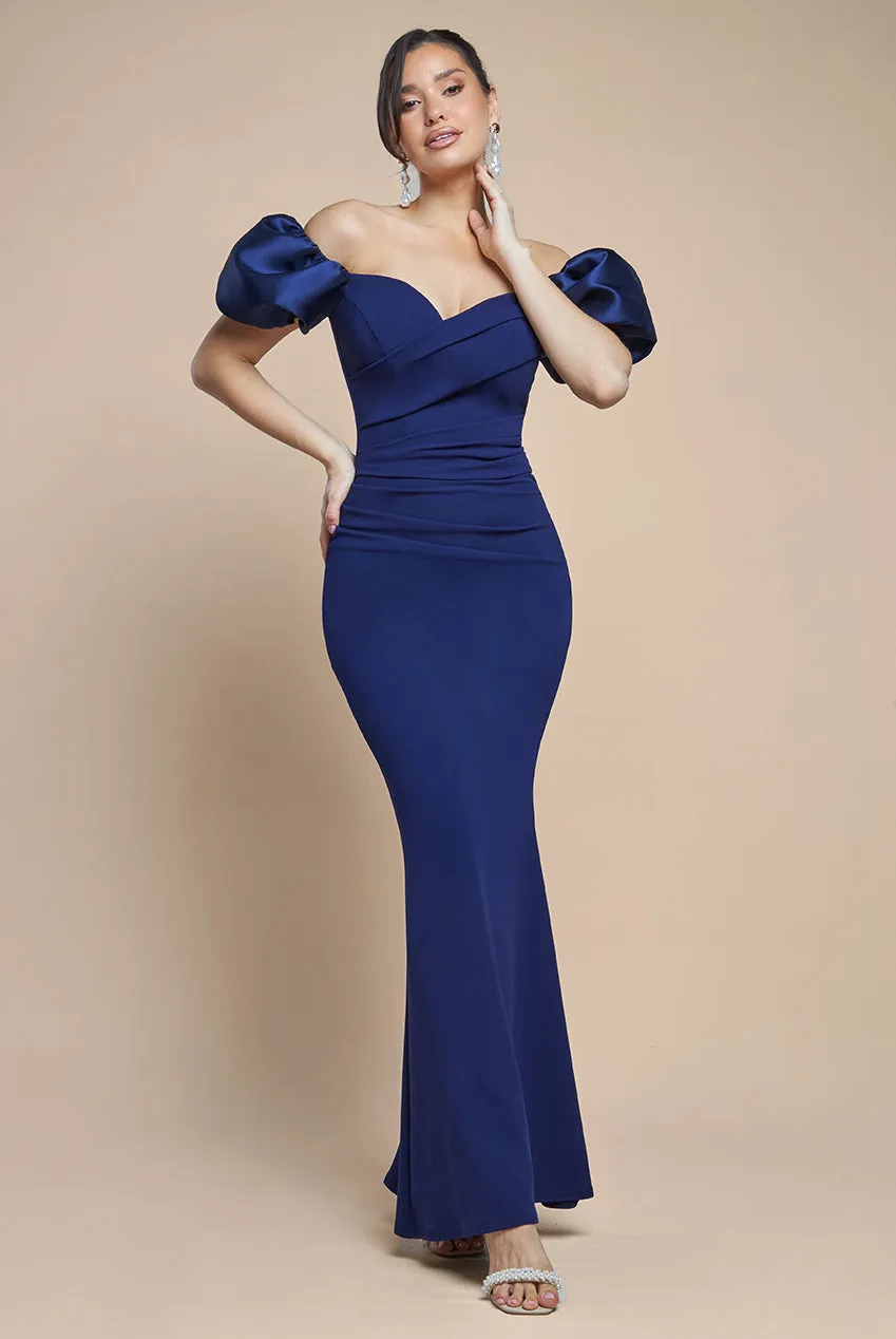 Puffy Satin Sleeve Scuba Maxi Dress - Navy Blue by Goddiva sold by Goddiva