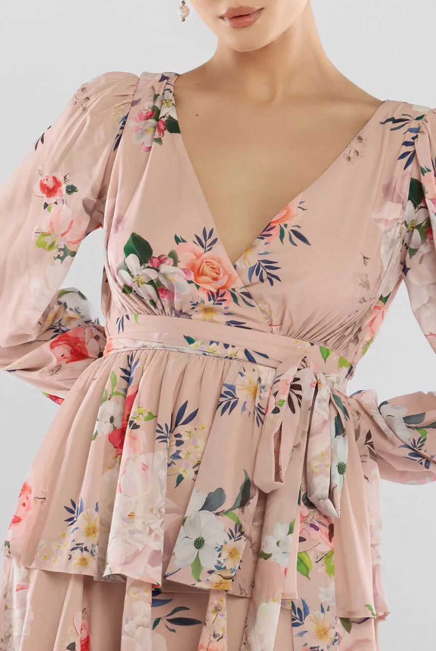 Sustainable Tiered Wrap Floral Mini Dress - Peach Floral by Goddiva sold by Goddiva product image thumbnail 3