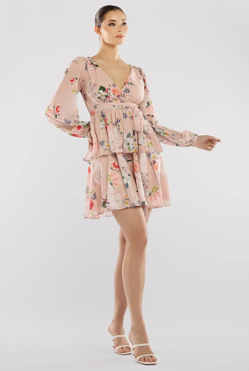 Sustainable Tiered Wrap Floral Mini Dress - Peach Floral by Goddiva sold by Goddiva