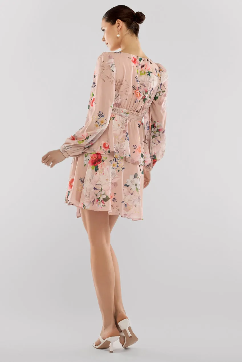 Sustainable Tiered Wrap Floral Mini Dress - Peach Floral by Goddiva sold by Goddiva product image thumbnail 2