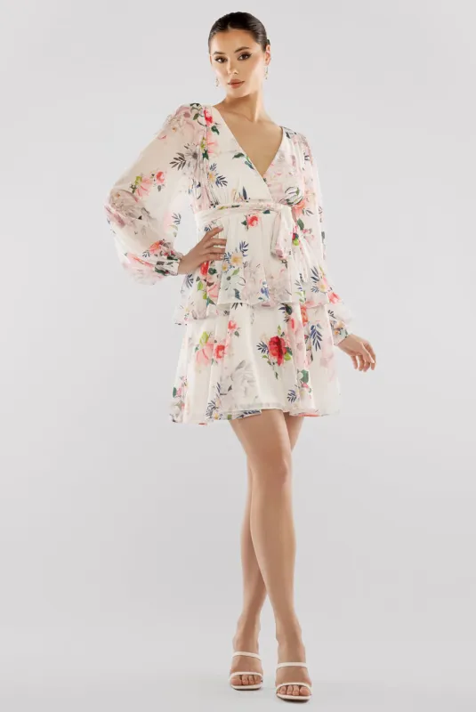 Sustainable Tiered Wrap Floral Mini Dress - White Floral by Goddiva sold by Goddiva