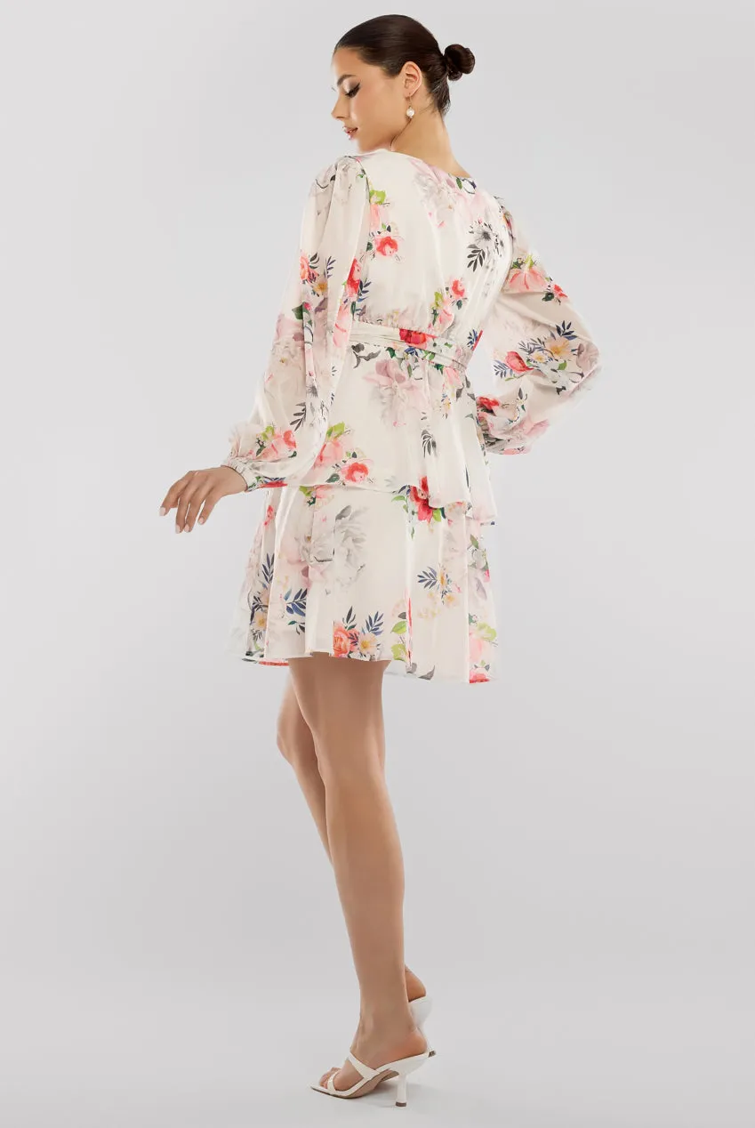 Sustainable Tiered Wrap Floral Mini Dress - White Floral by Goddiva sold by Goddiva product image thumbnail 2