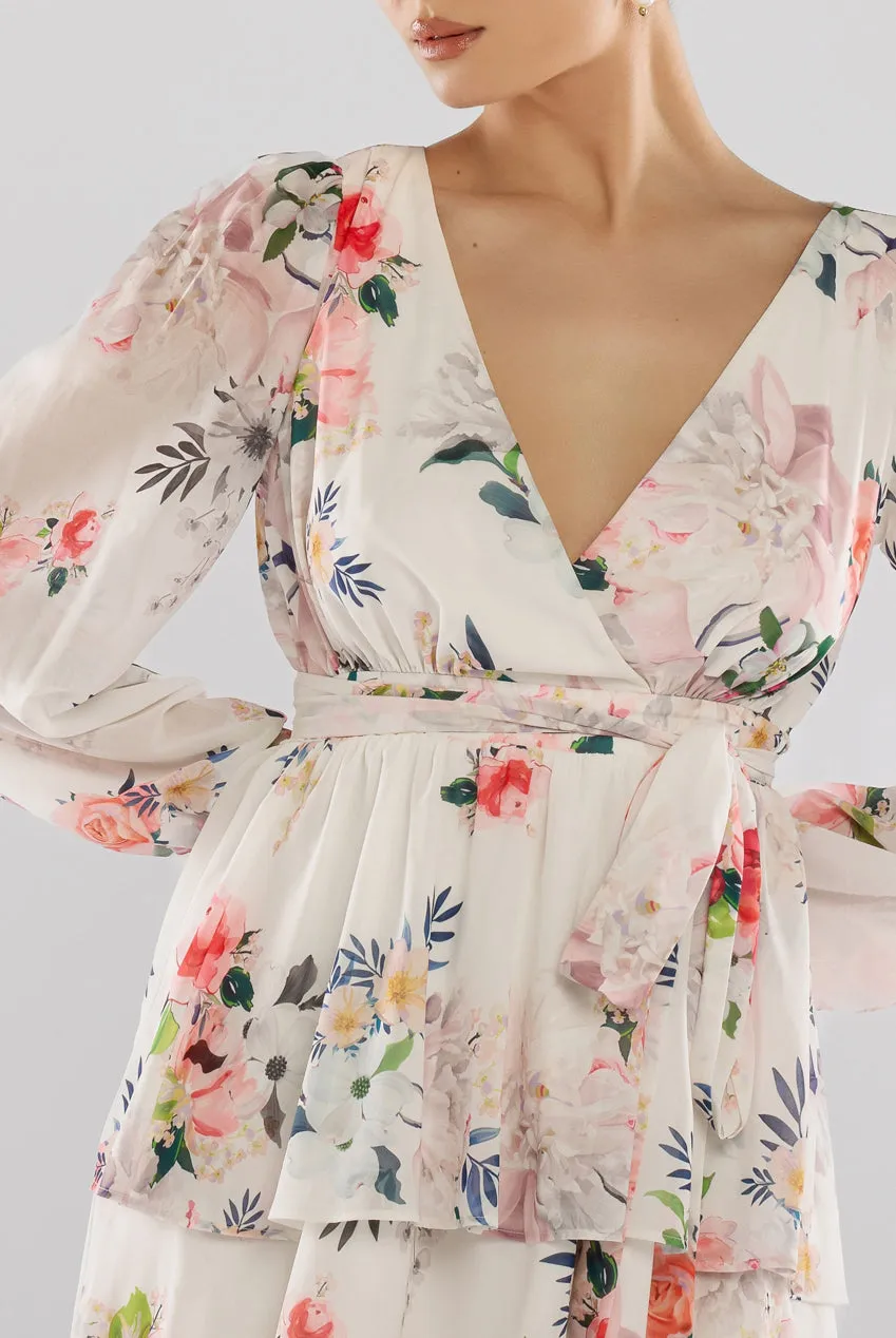 Sustainable Tiered Wrap Floral Mini Dress - White Floral by Goddiva sold by Goddiva product image thumbnail 3