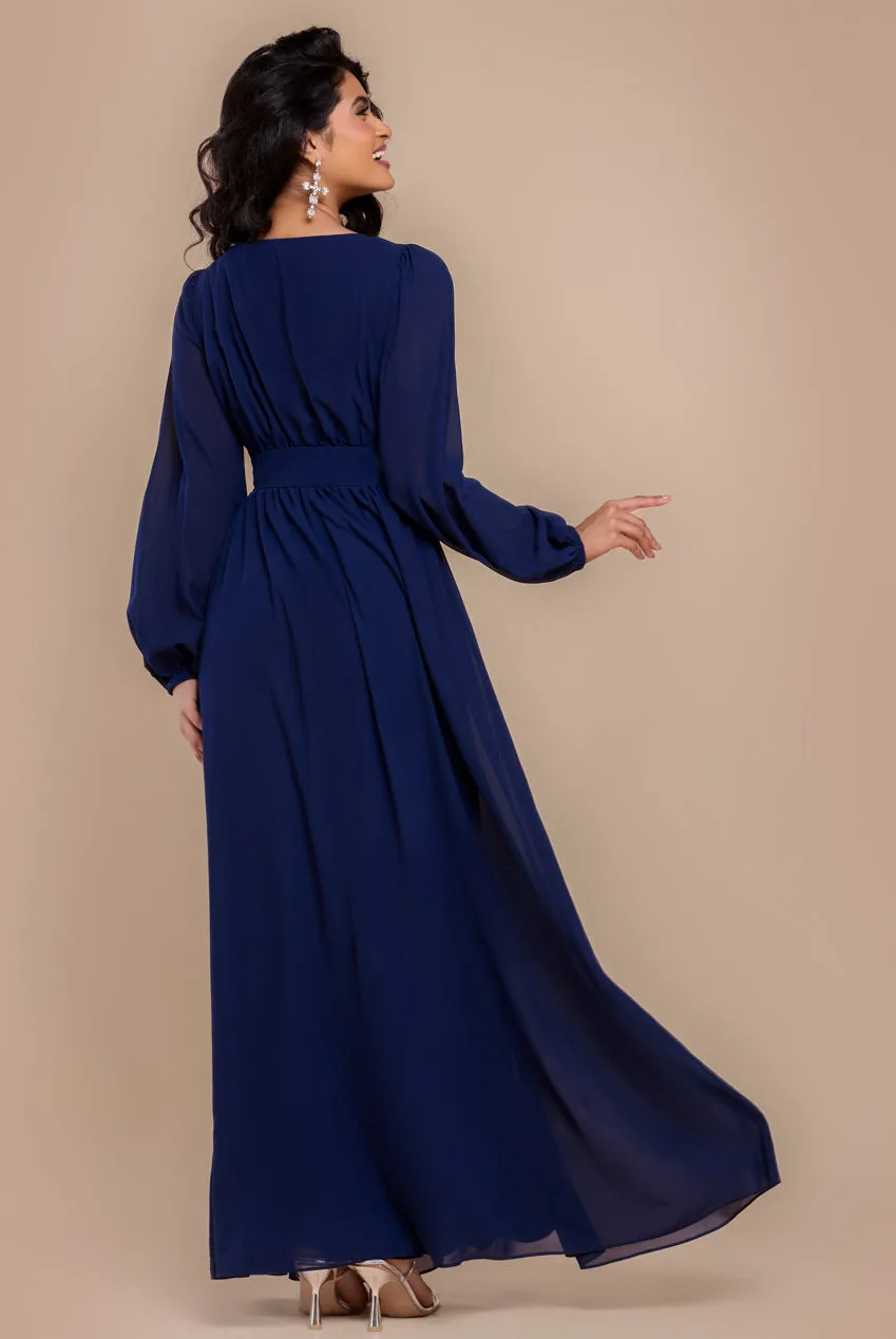 Sustainable Front Split Wrap Style Chiffon Maxi Dress - Navy Blue by Goddiva sold by Goddiva product image thumbnail 2