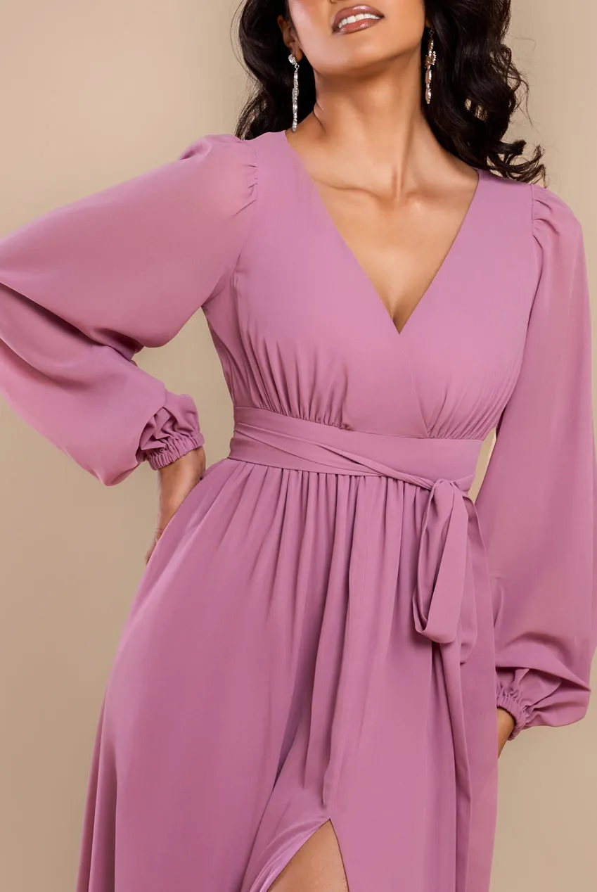 Sustainable Front Split Wrap Style Chiffon Maxi Dress - Dusty Lavender by Goddiva sold by Goddiva product image thumbnail 3