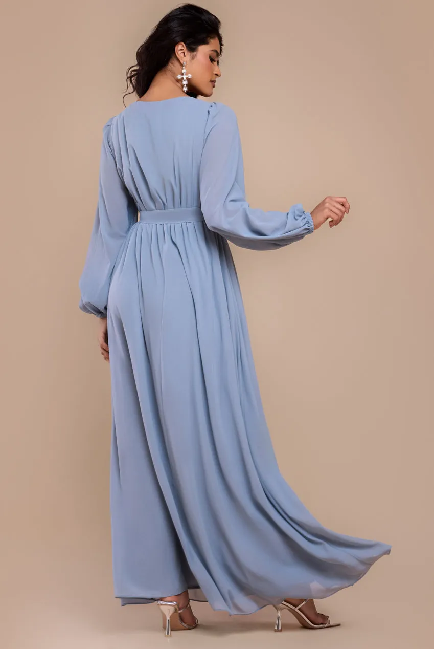 Sustainable Front Split Wrap Style Chiffon Maxi Dress - Airforce Blue by Goddiva sold by Goddiva product image thumbnail 2