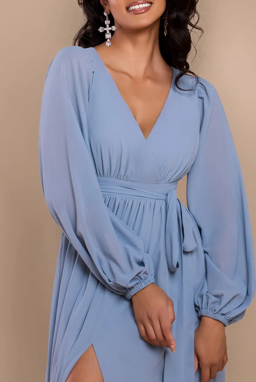 Sustainable Front Split Wrap Style Chiffon Maxi Dress - Airforce Blue by Goddiva sold by Goddiva product image thumbnail 3