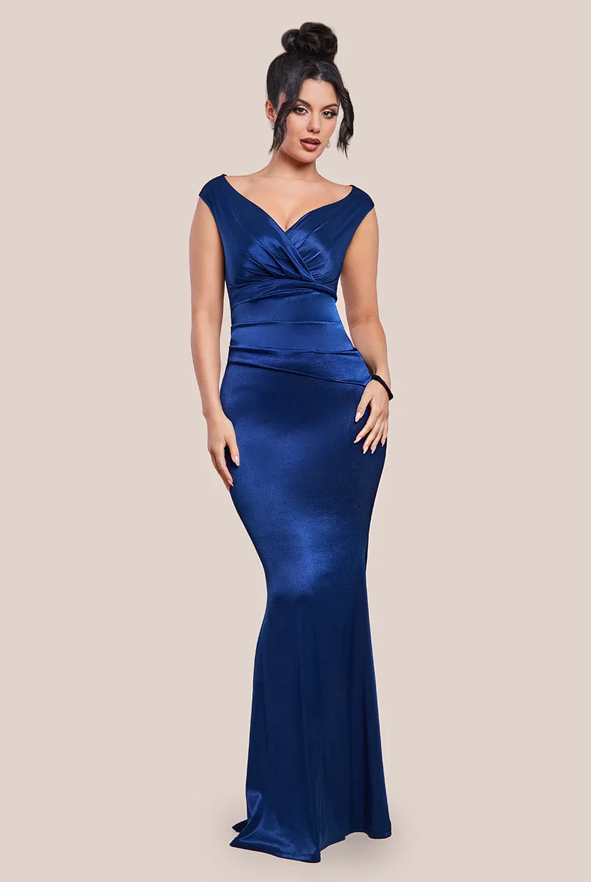 Satin Off The Shoulder Maxi Dress - Navy Blue by Goddiva sold by Goddiva