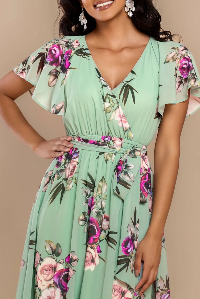 Sustainable Floral Print Midi Wrap Dress With Flutter Sleeves - Duck Egg by Goddiva sold by Goddiva product image thumbnail 3