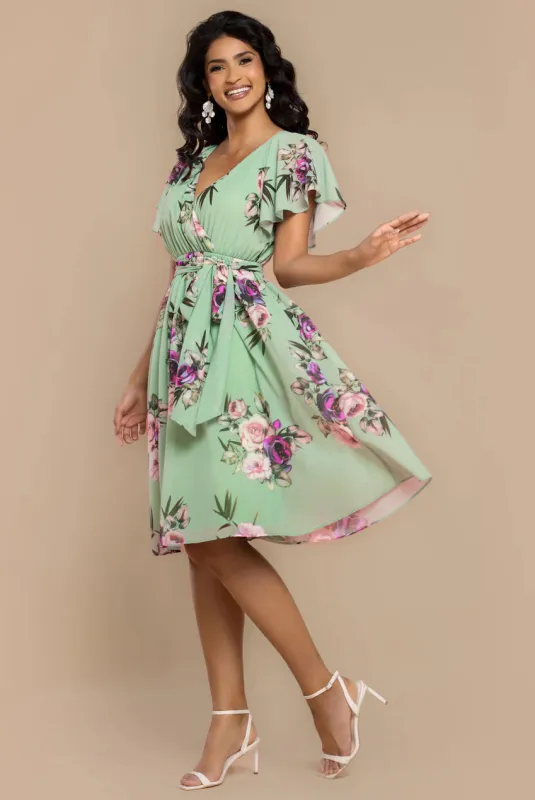 Sustainable Floral Print Midi Wrap Dress With Flutter Sleeves - Duck Egg by Goddiva sold by Goddiva