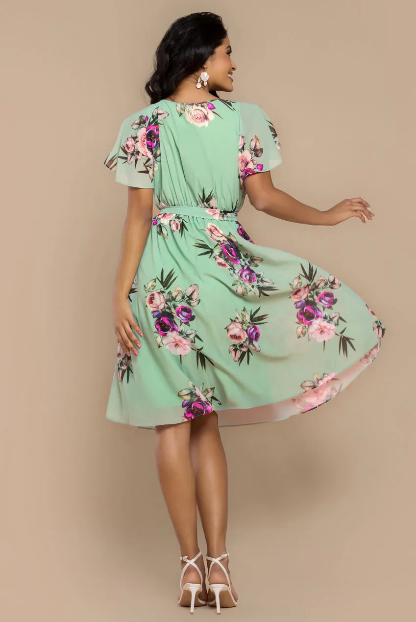 Sustainable Floral Print Midi Wrap Dress With Flutter Sleeves - Duck Egg by Goddiva sold by Goddiva product image thumbnail 2