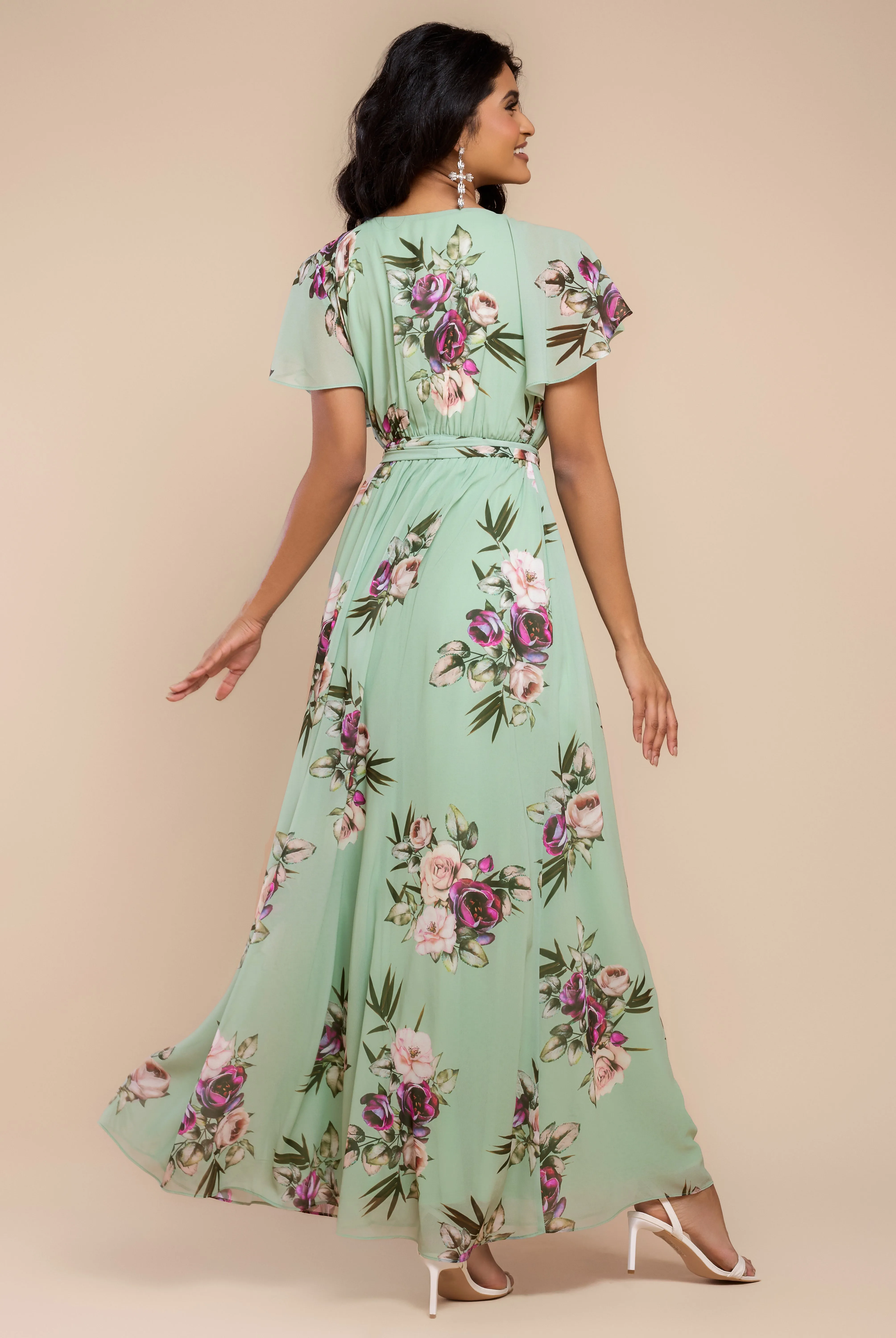 Sustainable Printed Flutter Sleeve Maxi Dress - Duck Egg by Goddiva sold by Goddiva product image thumbnail 2