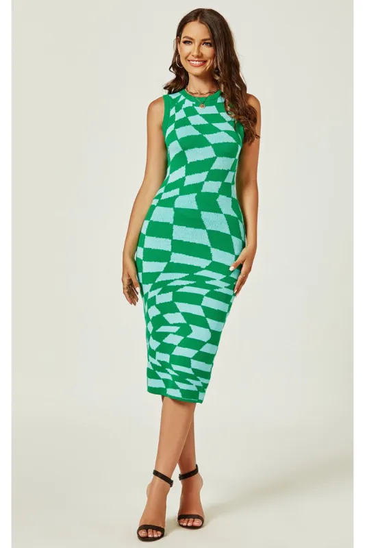 FS Collection Chic Geometric Intarsia Knit Dress In Green Block Colour sold by Goddiva