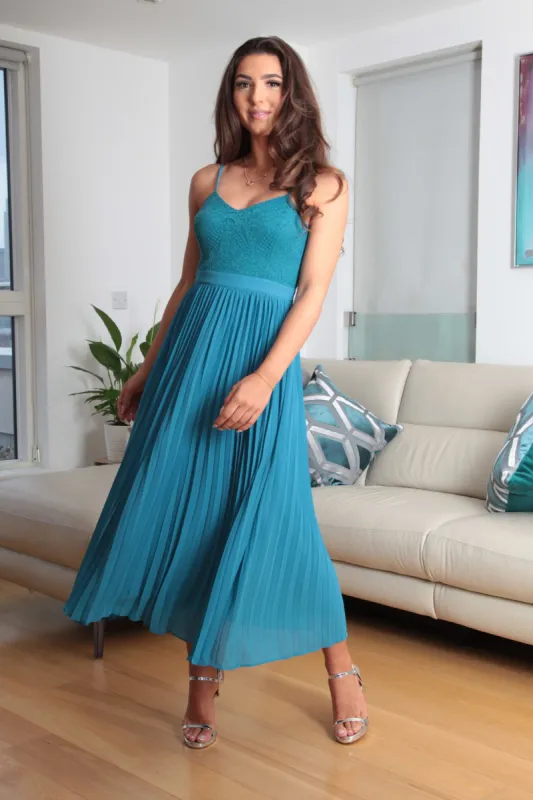 Blue Strappy Pleated Lace Dress by Double Second sold by Goddiva