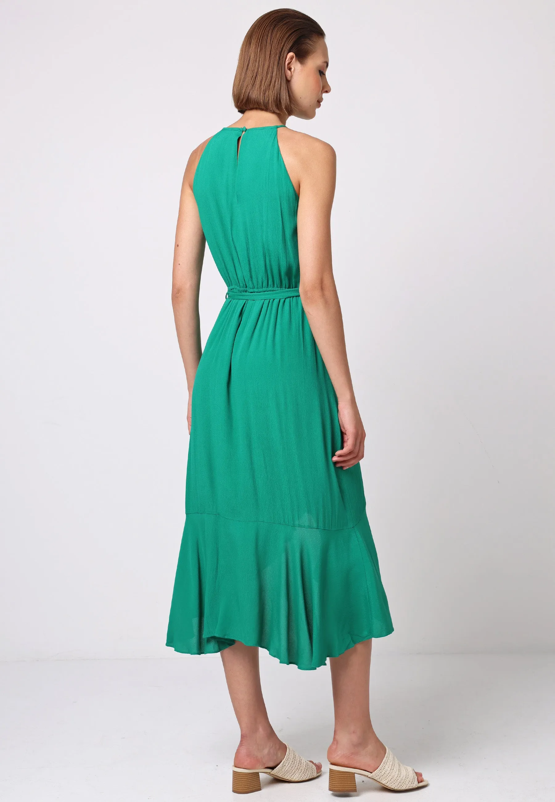 Halterneck Midi Dress With Wrap Ruffle Skirt And Tie Belt In Green by Angeleye sold by Goddiva product image thumbnail 4