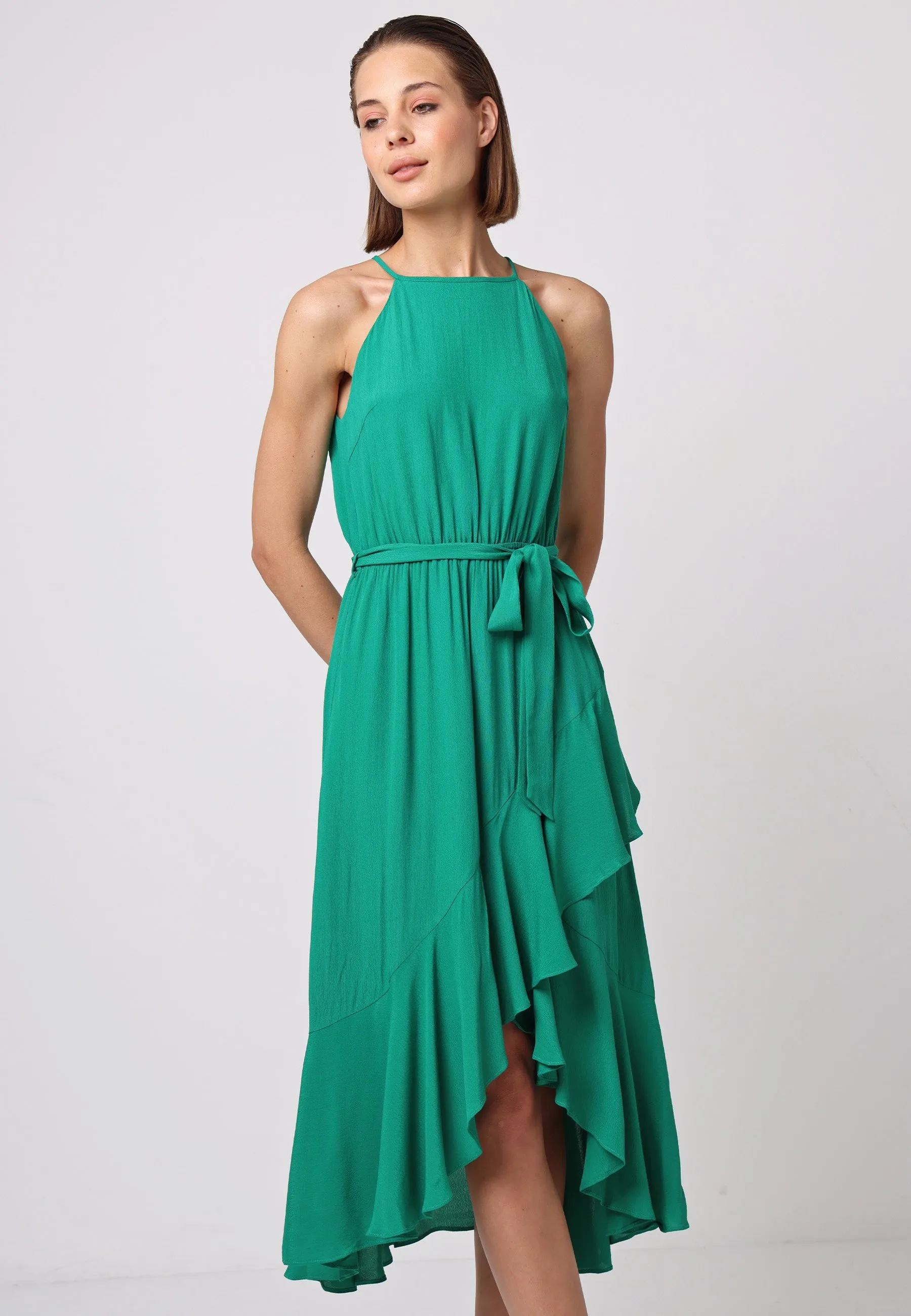 Halterneck Midi Dress With Wrap Ruffle Skirt And Tie Belt In Green by Angeleye sold by Goddiva