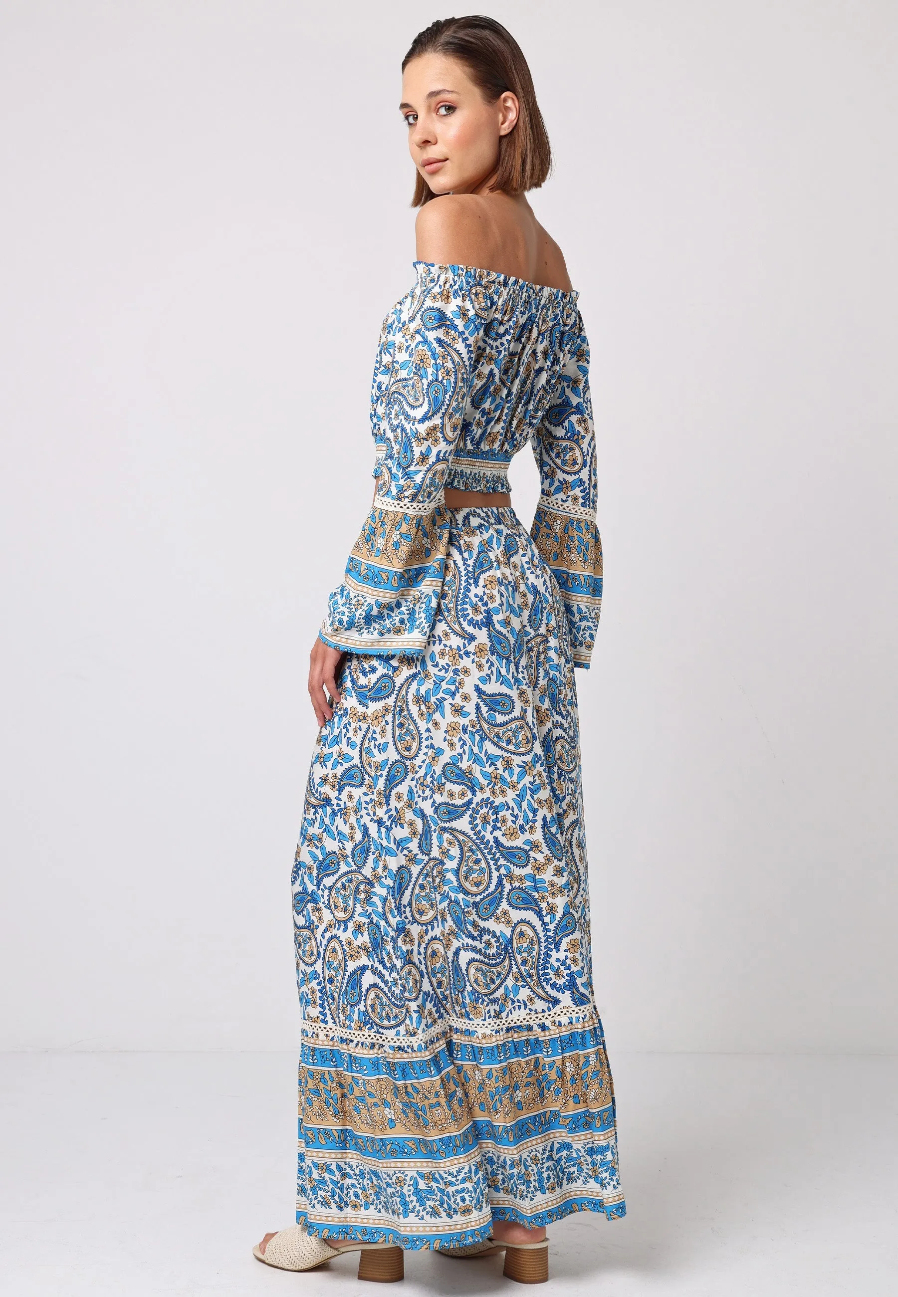 Boho Co-ord Bardot Top And Maxi Skirt Set In Blue Paisley Print by Angeleye sold by Goddiva product image thumbnail 5