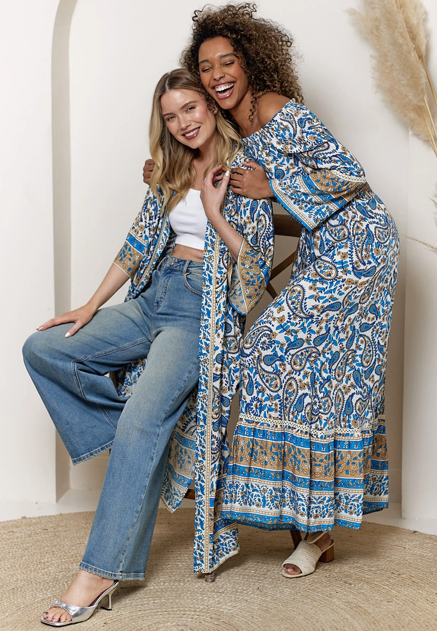Boho Co-ord Bardot Top And Maxi Skirt Set In Blue Paisley Print by Angeleye sold by Goddiva product image thumbnail 4