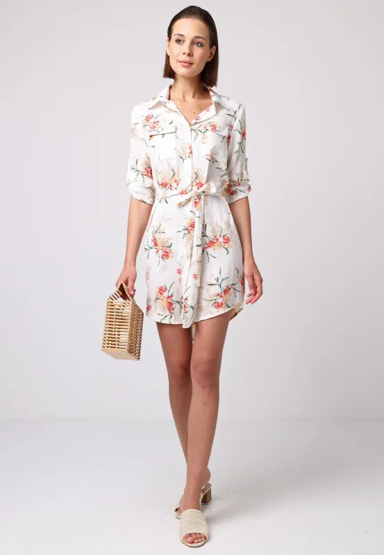Shirt Dress With 3/4 Sleeve And Tie Belt In White Floral by Angeleye sold by Goddiva