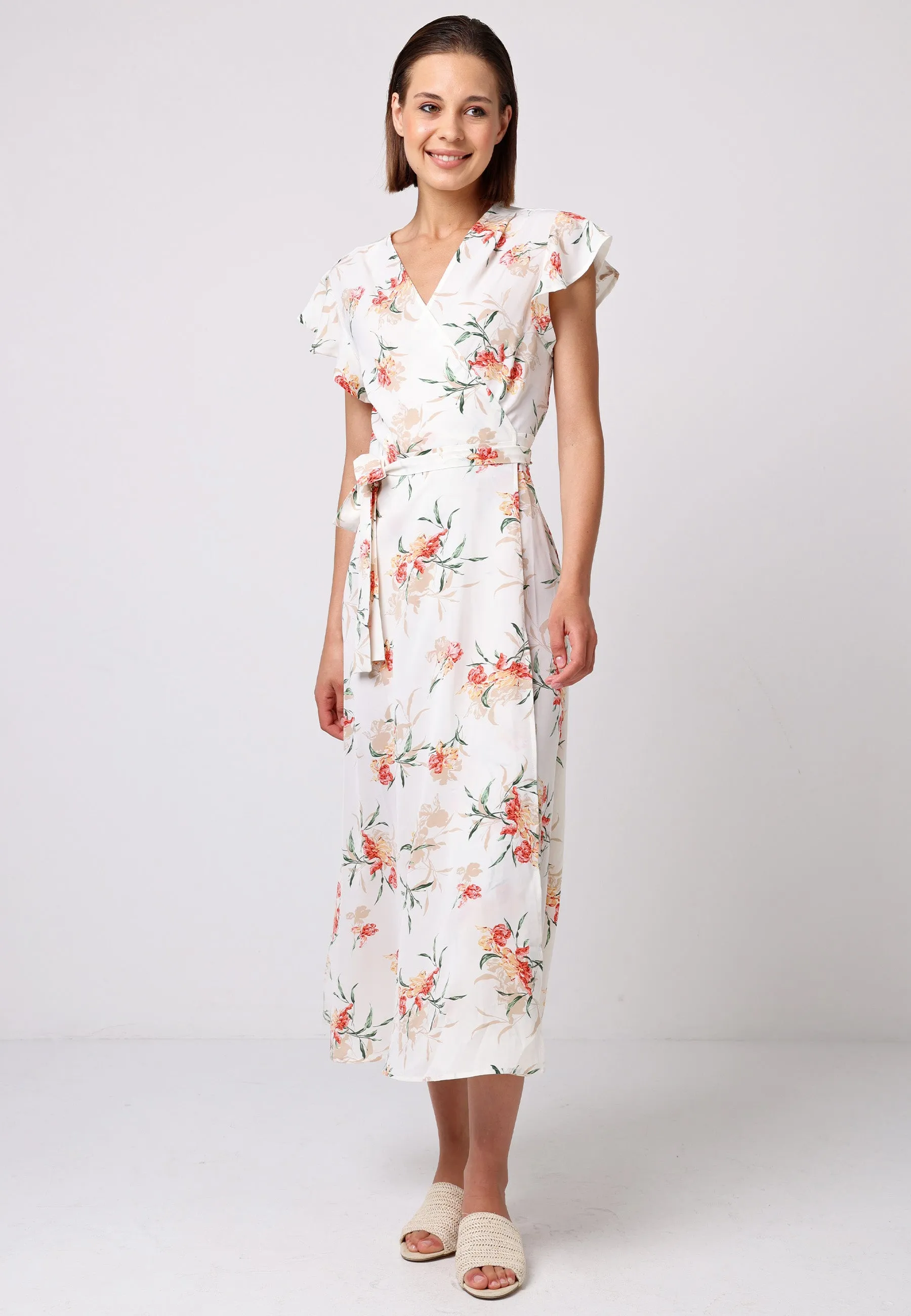 Wrap Maxi Dress With Cap Sleeve In White Floral by Angeleye sold by Goddiva product image thumbnail 5