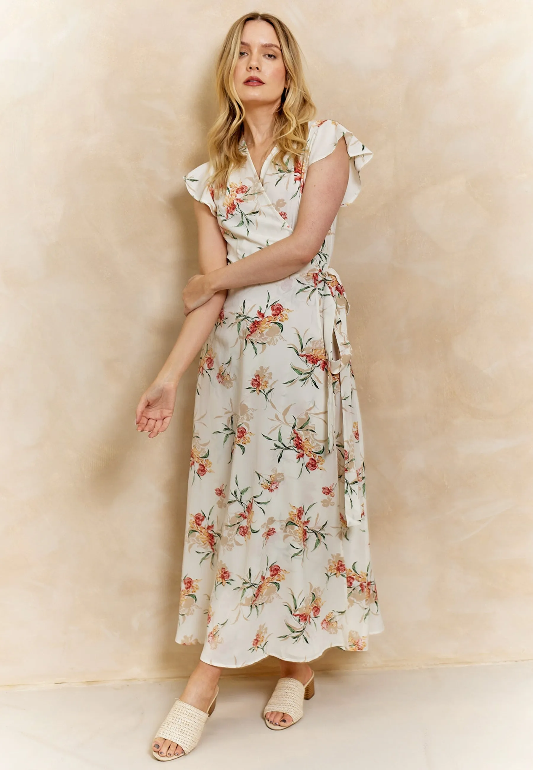 Wrap Maxi Dress With Cap Sleeve In White Floral by Angeleye sold by Goddiva product image thumbnail 3