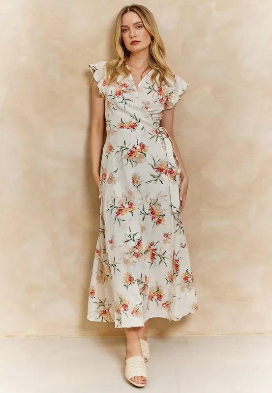 Wrap Maxi Dress With Cap Sleeve In White Floral by Angeleye sold by Goddiva