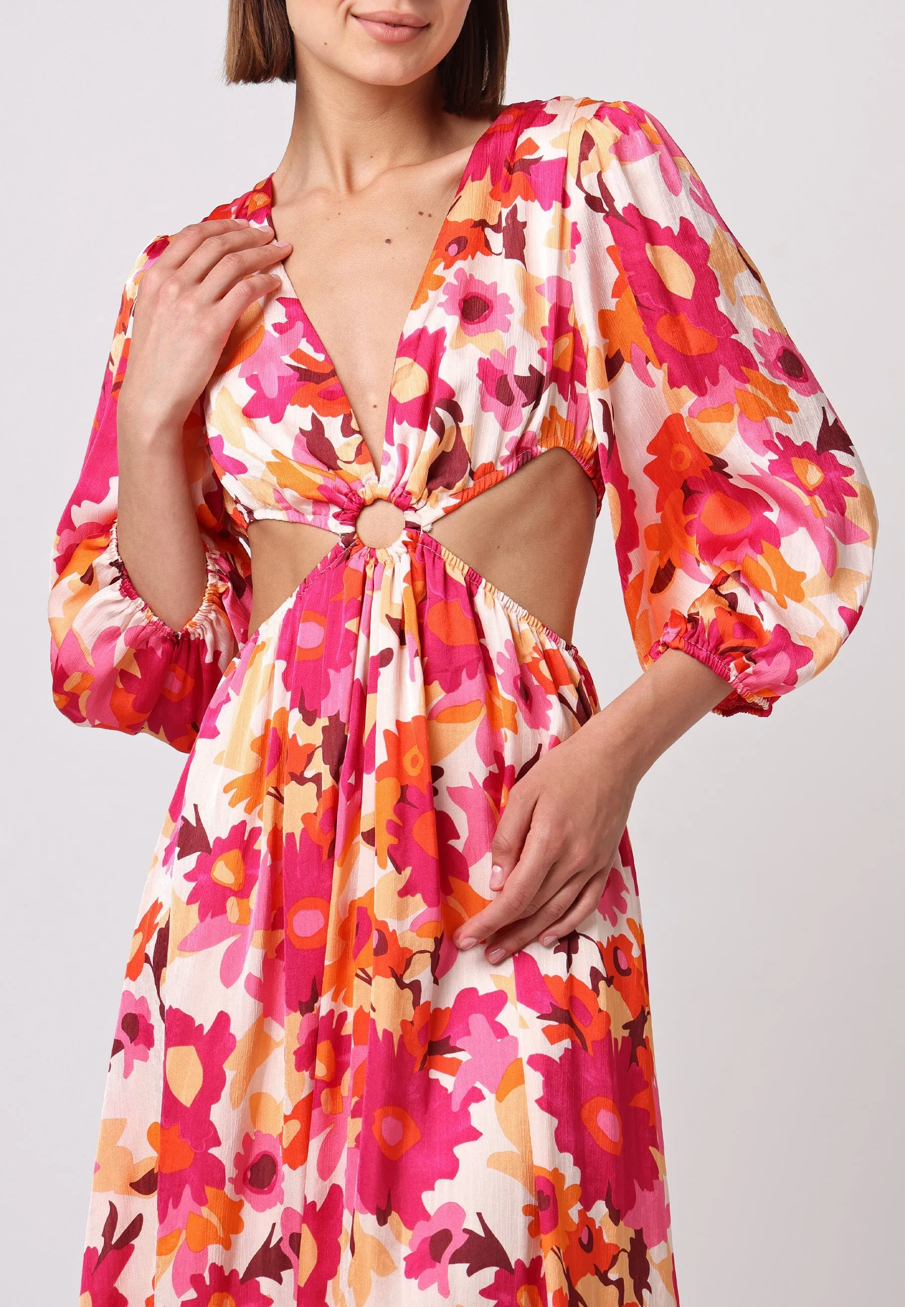 Cut Out Long Sleeve Maxi Dress In Pink Floral Print by Angeleye sold by Goddiva product image thumbnail 5