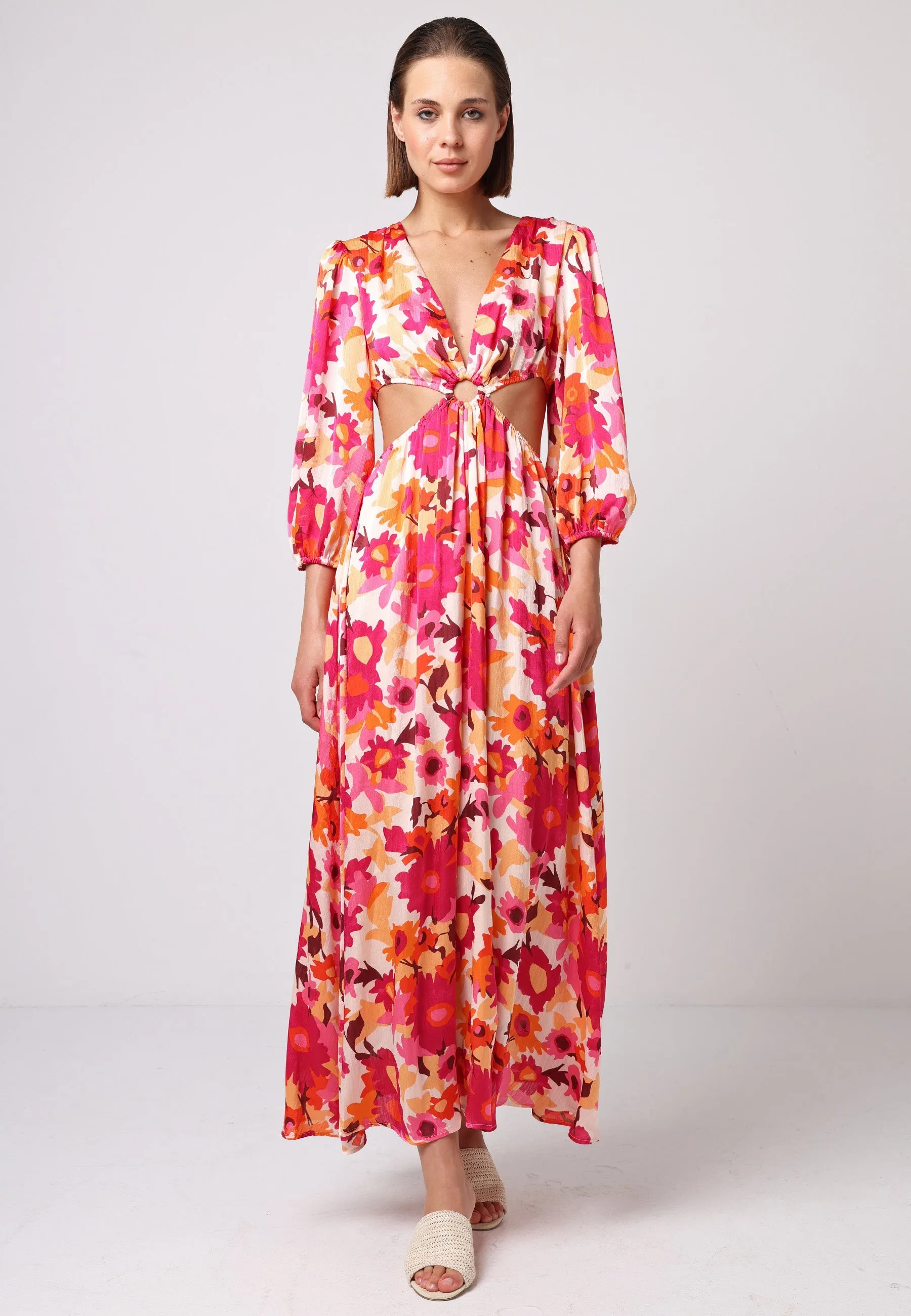 Cut Out Long Sleeve Maxi Dress In Pink Floral Print by Angeleye sold by Goddiva product image thumbnail 4