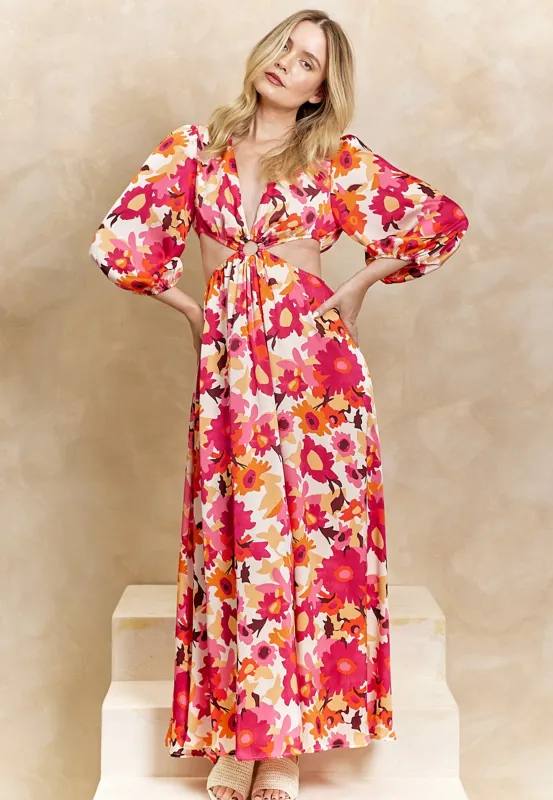 Cut Out Long Sleeve Maxi Dress In Pink Floral Print by Angeleye sold by Goddiva