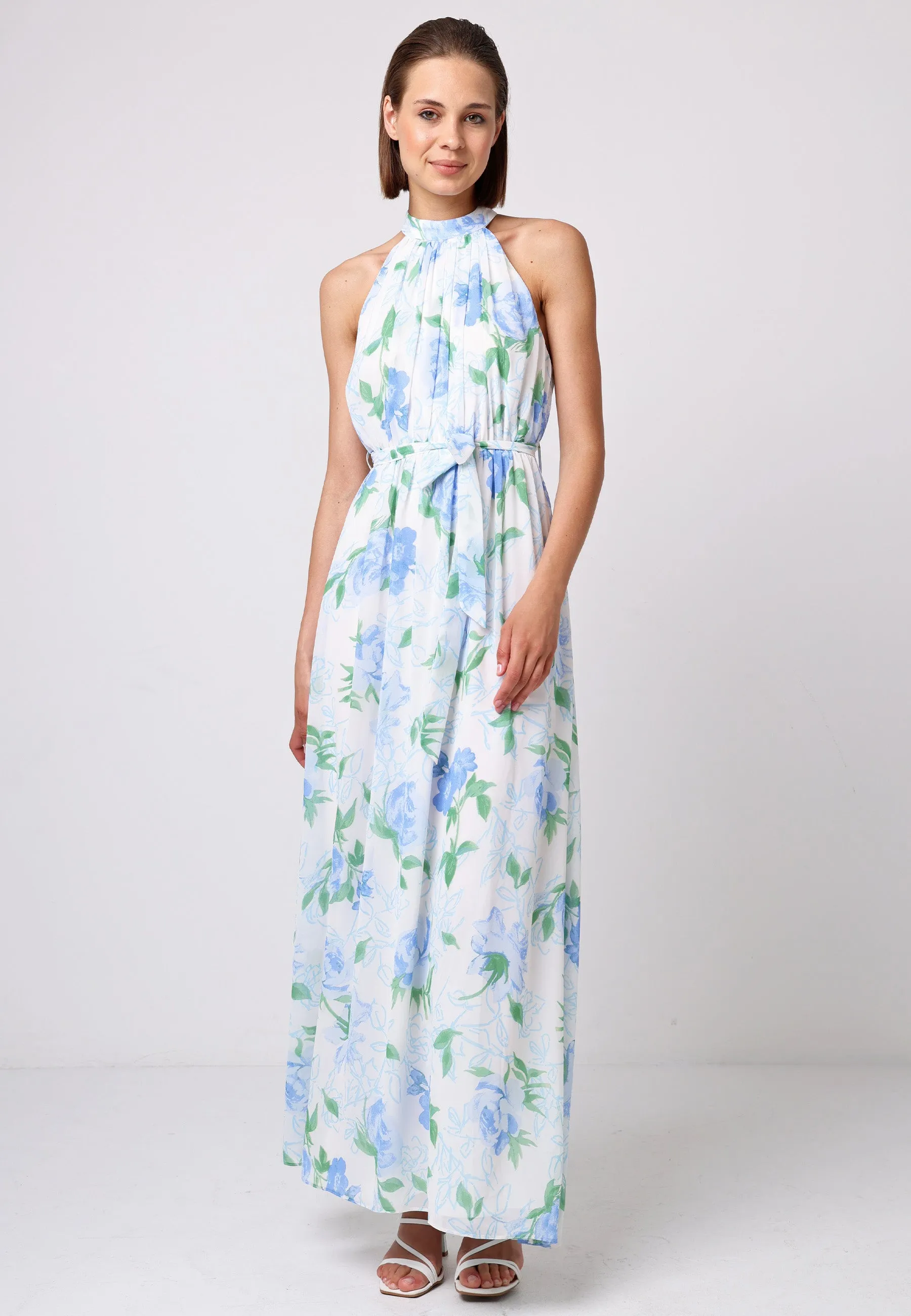 Chiffon Halter Neck Maxi Dress With Tie Waist In White Blue Floral by Angeleye sold by Goddiva product image thumbnail 5
