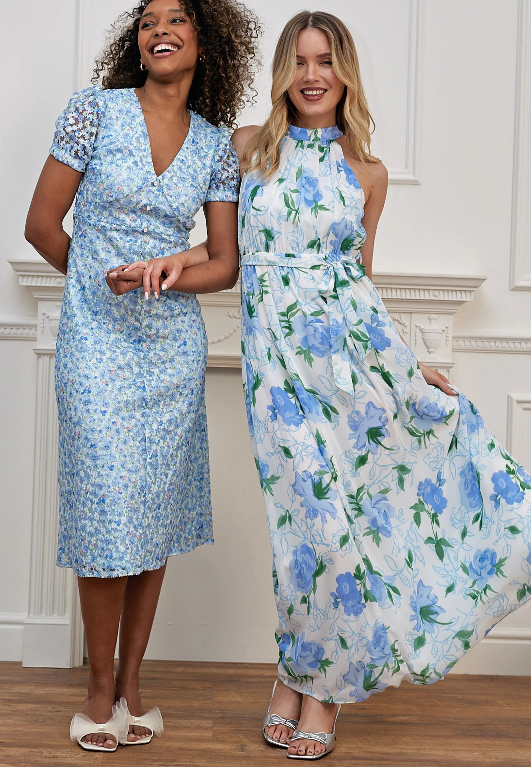 Chiffon Halter Neck Maxi Dress With Tie Waist In White Blue Floral by Angeleye sold by Goddiva product image thumbnail 3